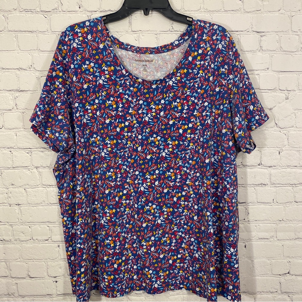 Woman Within Womens Shirt 2X 26/28 Blue Floral Print Short Sleeve Round Neck